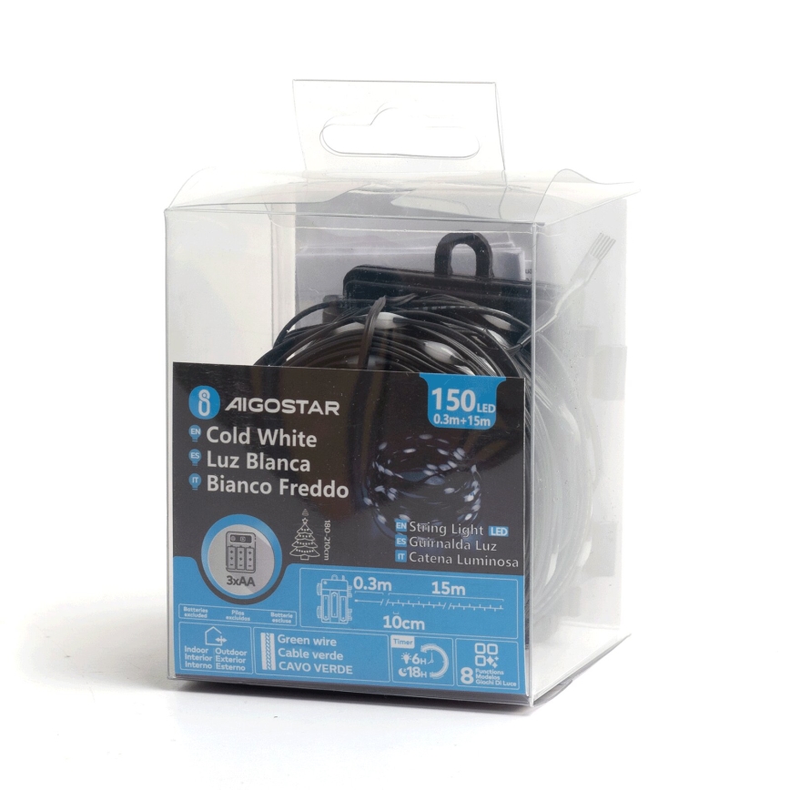 Aigostar - Cordão de luzes LED exterior para Natal 150xLED/8 funções/3xAA 15,3m IP44 branco frio