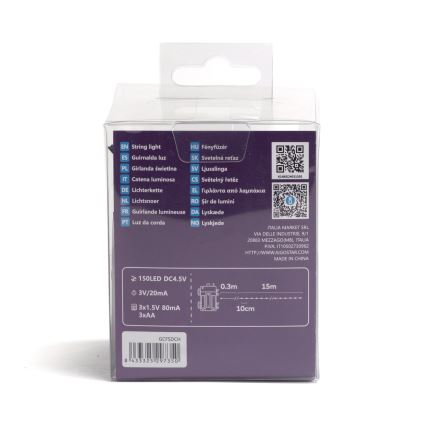 Aigostar - Cordão de luzes LED exterior para Natal 150xLED/8 funções/3xAA 15,3m IP44 branco frio