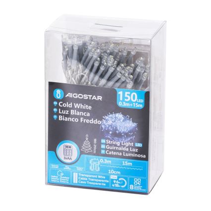 Aigostar - Fio de luzes LED exterior de Natal 150xLED/8 funções 15,3m IP44 branco frio