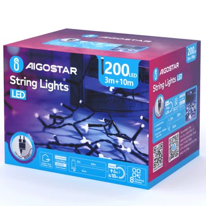 Aigostar - Guirlanda de Natal LED para Exterior 200xLED/8 funções 13m IP44 branco frio