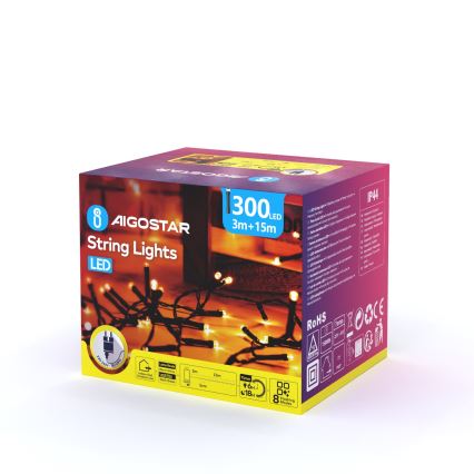 Aigostar - Cordão de Natal LED para Exterior 300xLED/8 funções 18m IP44 branco quente