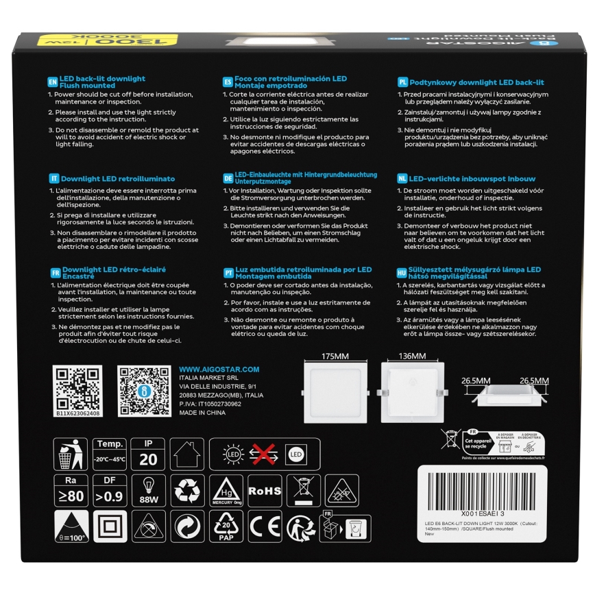 Aigostar - Luminária de embutir LED/12W/230V 3000K 17,5x17,5 cm branca