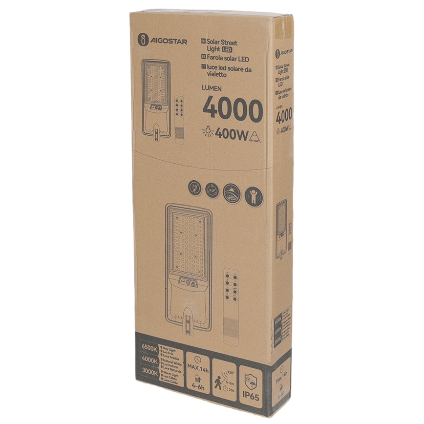 Aigostar - Lâmpada LED solar de rua com sensor LED/300W/3,2V 3600mAh + controlo remoto