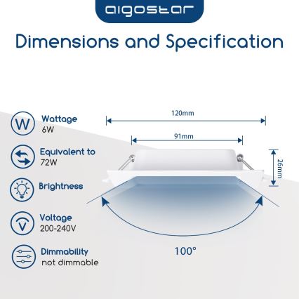 Aigostar - Luminária LED de embutir/6W/230V 3000K 12x12 cm branca