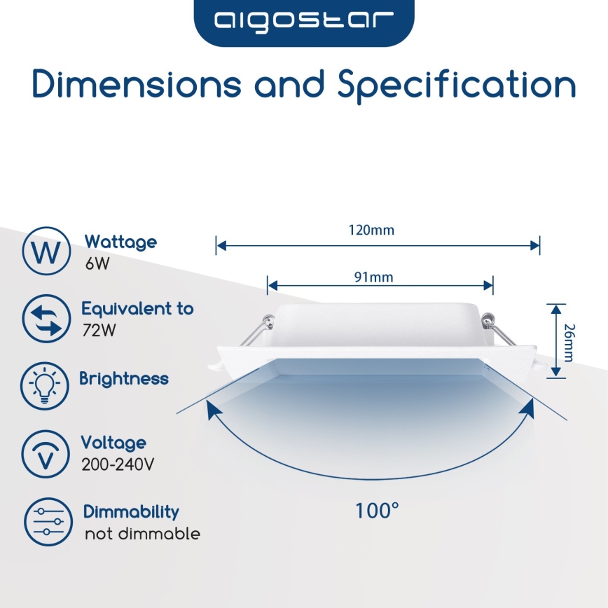 Aigostar - Luminária LED embutida 6W/230V 4000K 12x12 cm branca