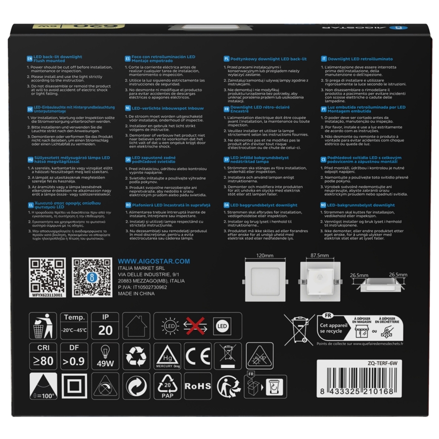 Aigostar - Luminária LED embutida 6W/230V 4000K 12x12 cm branca