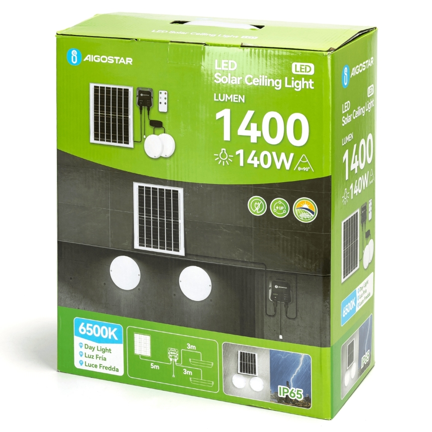 Aigostar - Luminária solar LED 2x LED/70W/12V 12000 mAh 6500K IP65 diâmetro 20,5 cm + controlo remoto
