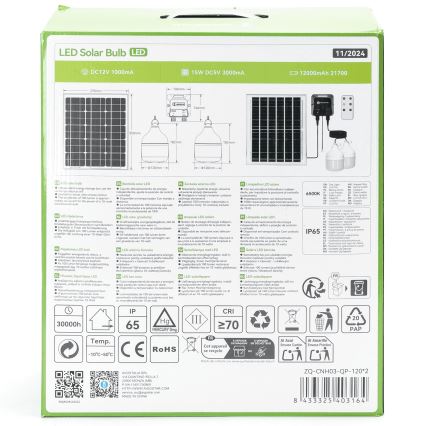 Aigostar - Lustre solar LED 2x LED/70 W/12 V, 12000 mAh, 6500 K, IP65, Ø 12 cm + comando remoto