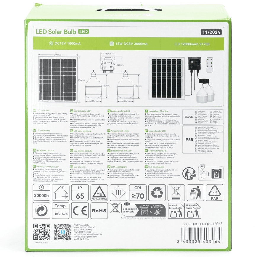 Aigostar - Lustre solar LED 2x LED/70 W/12 V, 12000 mAh, 6500 K, IP65, Ø 12 cm + comando remoto