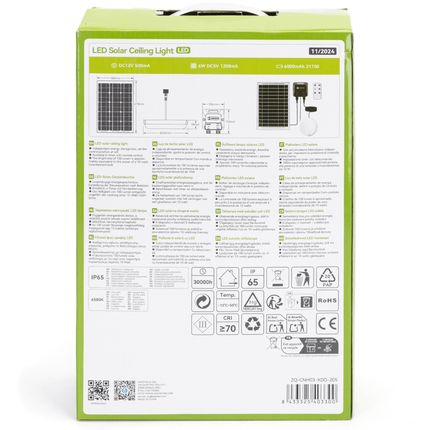 Aigostar - Luminária solar LED/70W/12V 6000 mAh 6500K IP65 diâmetro 20,5 cm + controlo remoto