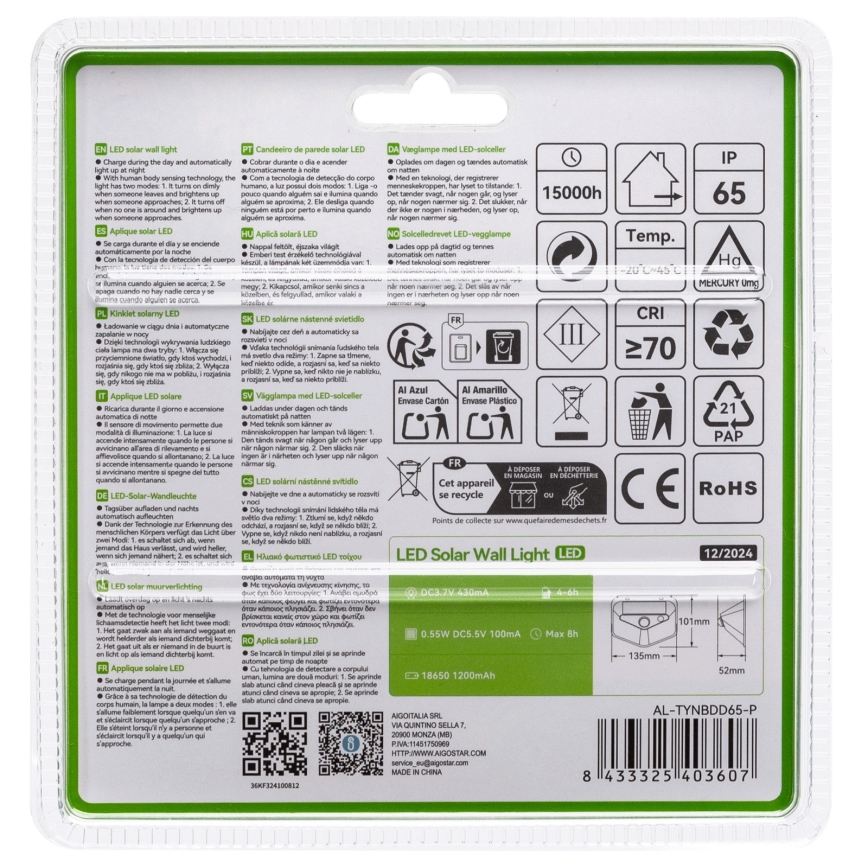 Aigostar - Luminária solar LED com sensor LED/3,7V 6500K 500 mAh IP65 preta