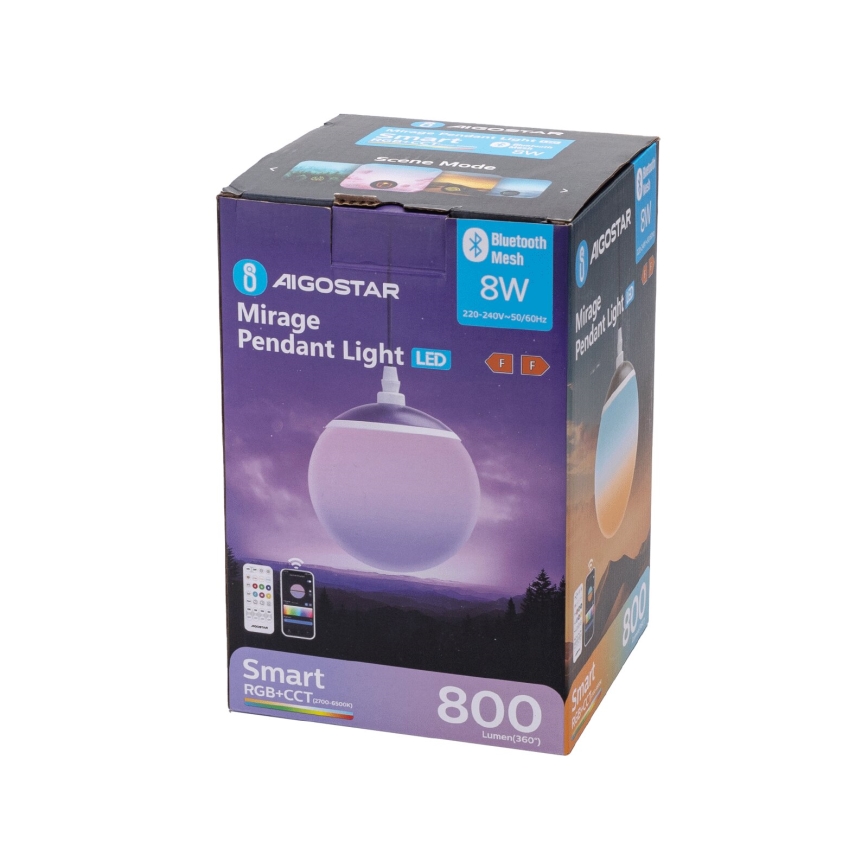 Aigostar - Lustre pendente MESH em cabo, LED RGBW dimmável, LED/8W/230V, 2700–6500K, branco, com comando remoto, diâmetro 15 cm