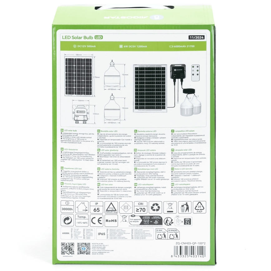 Aigostar - Lustre solar LED 2x LED/35W/12V, 6000 mAh, 6500 K, IP65, diâmetro 10 cm + comando remoto