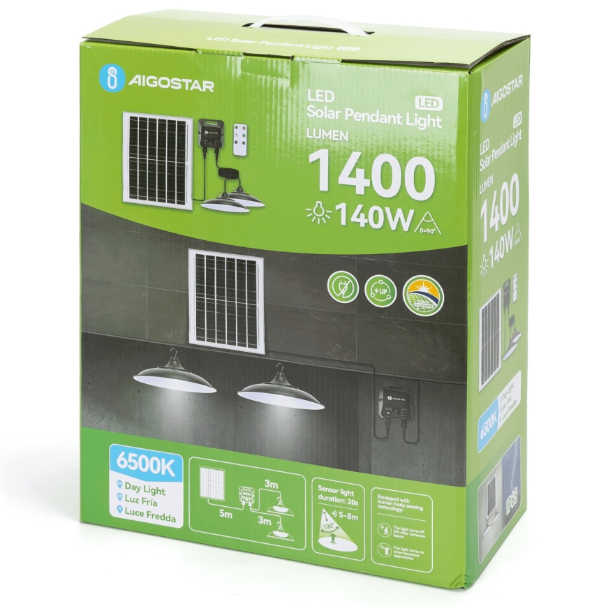 Aigostar - Candeeiro solar LED com sensor 2xLED/70W/12V 12000 mAh 6500K IP65 Ø 23,5 cm + controlo remoto