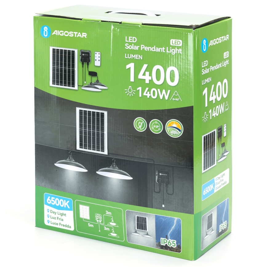Aigostar - Lustre solar LED 2xLED/70W/12V, 12000 mAh, 6500K, IP65, diâmetro 23,5 cm + controlo remoto