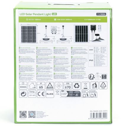 Aigostar - Lustre solar LED 2xLED/70W/12V, 12000 mAh, 6500K, IP65, diâmetro 23,5 cm + controlo remoto