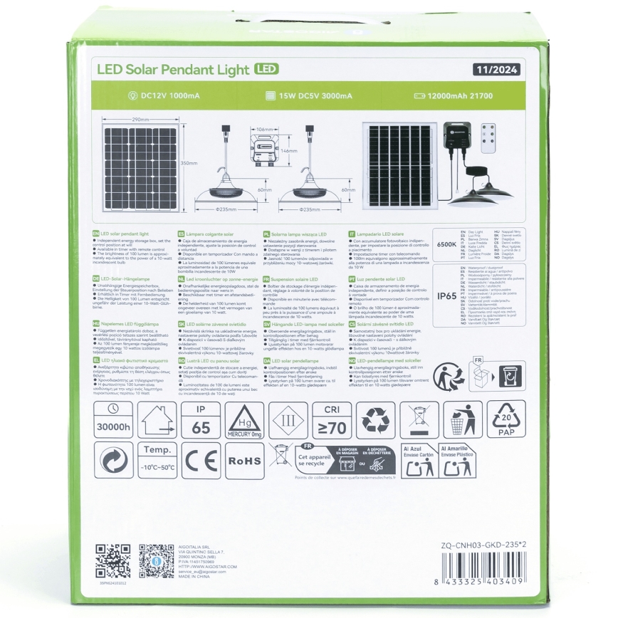Aigostar - Lustre solar LED 2xLED/70W/12V, 12000 mAh, 6500K, IP65, diâmetro 23,5 cm + controlo remoto