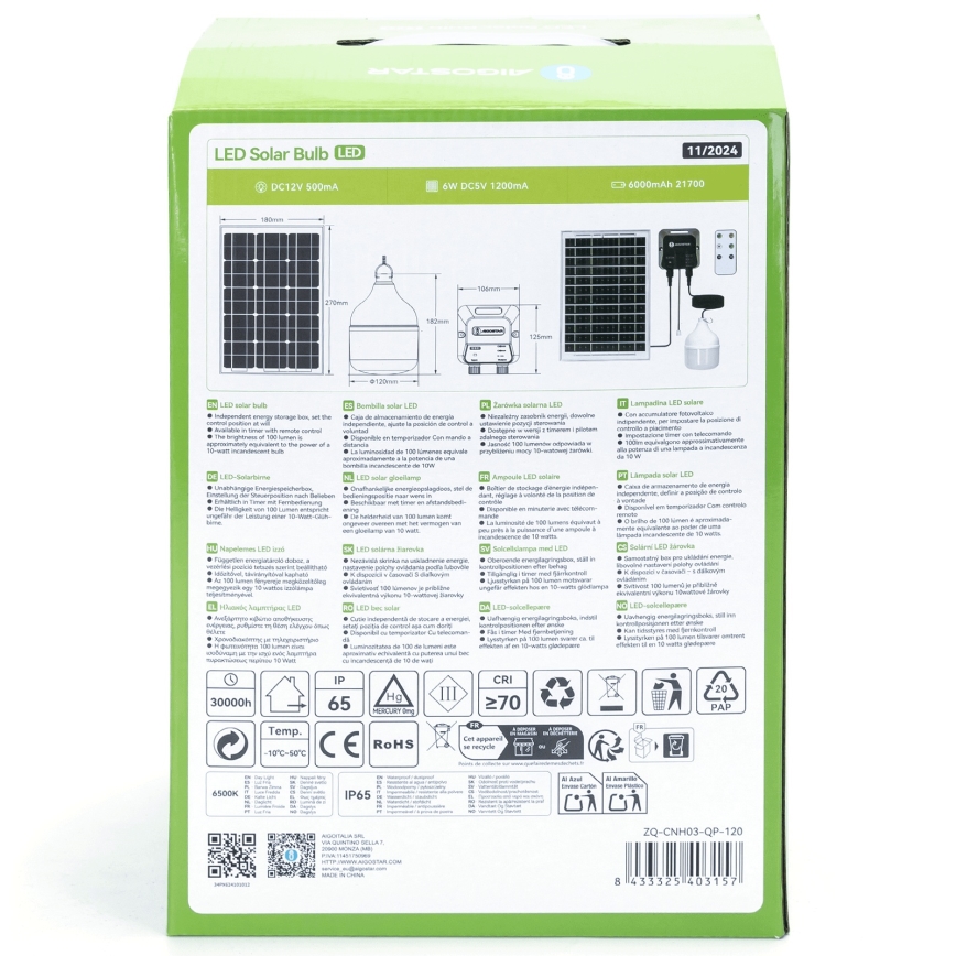 Aigostar - Lustre solar LED 70W/12V, 6000 mAh, 6500K, IP65, diâmetro 12 cm + controlo remoto