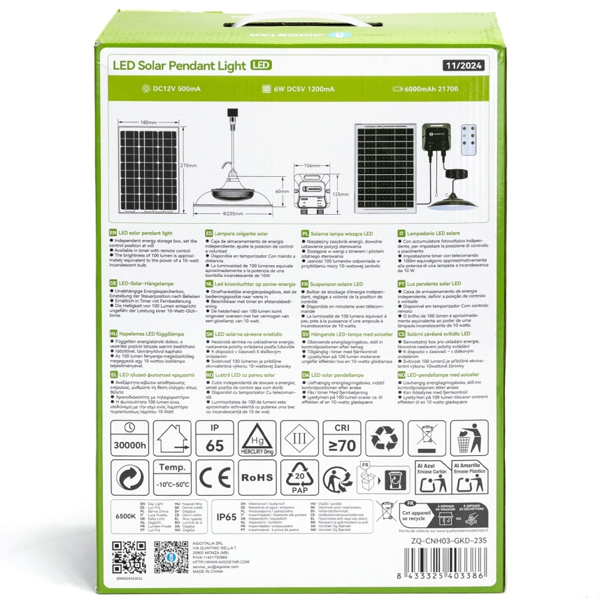 Aigostar - Lustre solar LED/70W/12V 6000 mAh 6500K IP65 Ø 23,5 cm + telecomando