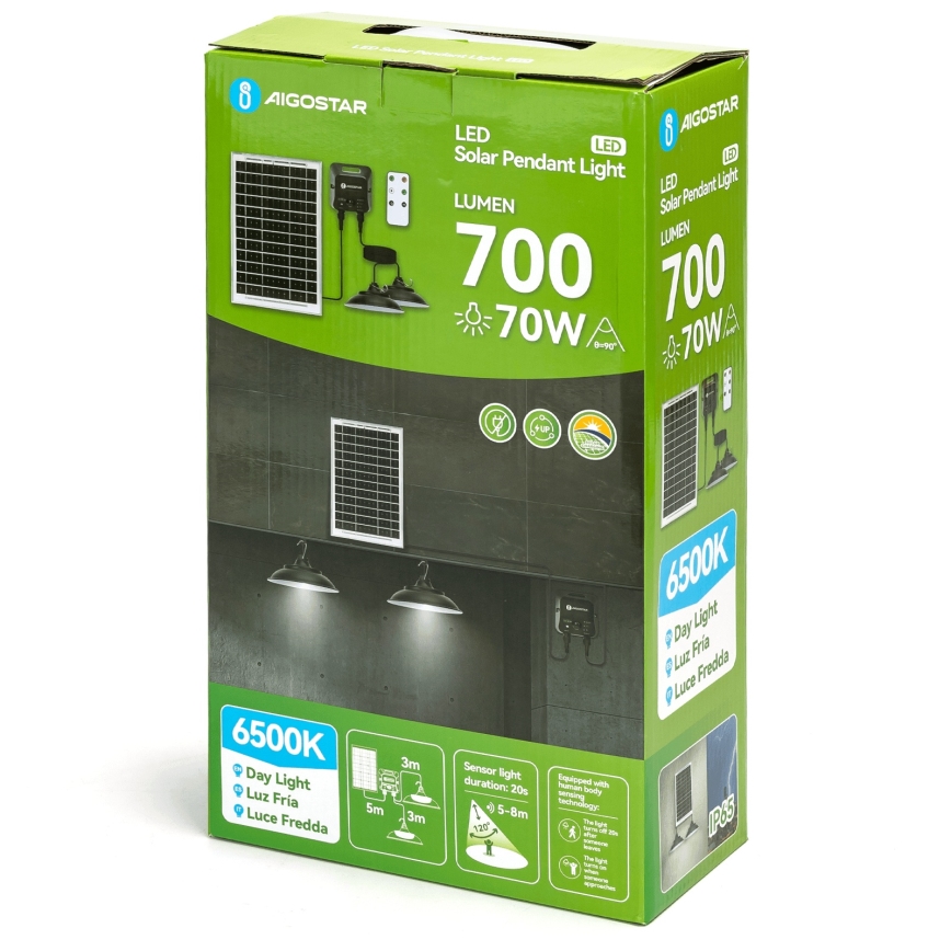 Aigostar - Lustre solar LED com sensor, 2x LED / 35W / 12V, 6000 mAh, 6500K, Ø 15 cm + comando remoto