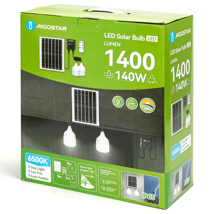 Aigostar - Luminária solar LED com sensor, 2xLED/70W/12V, 12000 mAh, 6500K, IP65, diâmetro 12 cm + comando à distância