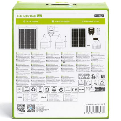 Aigostar - Luminária solar LED com sensor, 2xLED/70W/12V, 12000 mAh, 6500K, IP65, diâmetro 12 cm + comando à distância