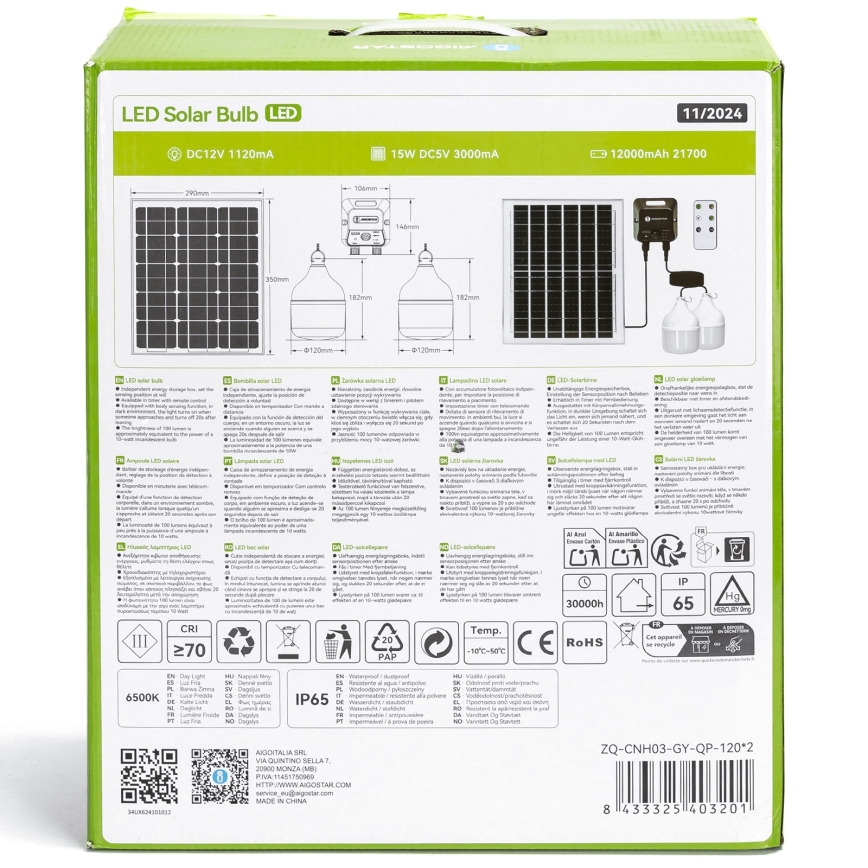 Aigostar - Luminária solar LED com sensor, 2xLED/70W/12V, 12000 mAh, 6500K, IP65, diâmetro 12 cm + comando à distância