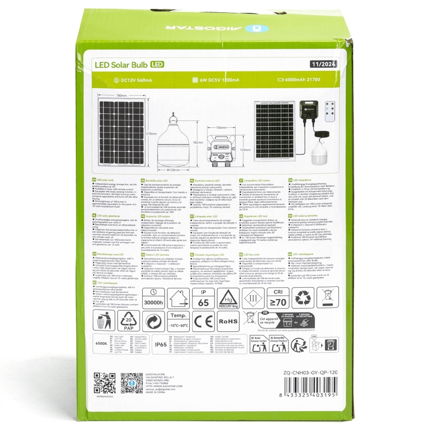Aigostar - Lustre solar LED com sensor, 70 W / 12 V, bateria 6000 mAh, 6500 K, IP65, Ø 12 cm + comando remoto