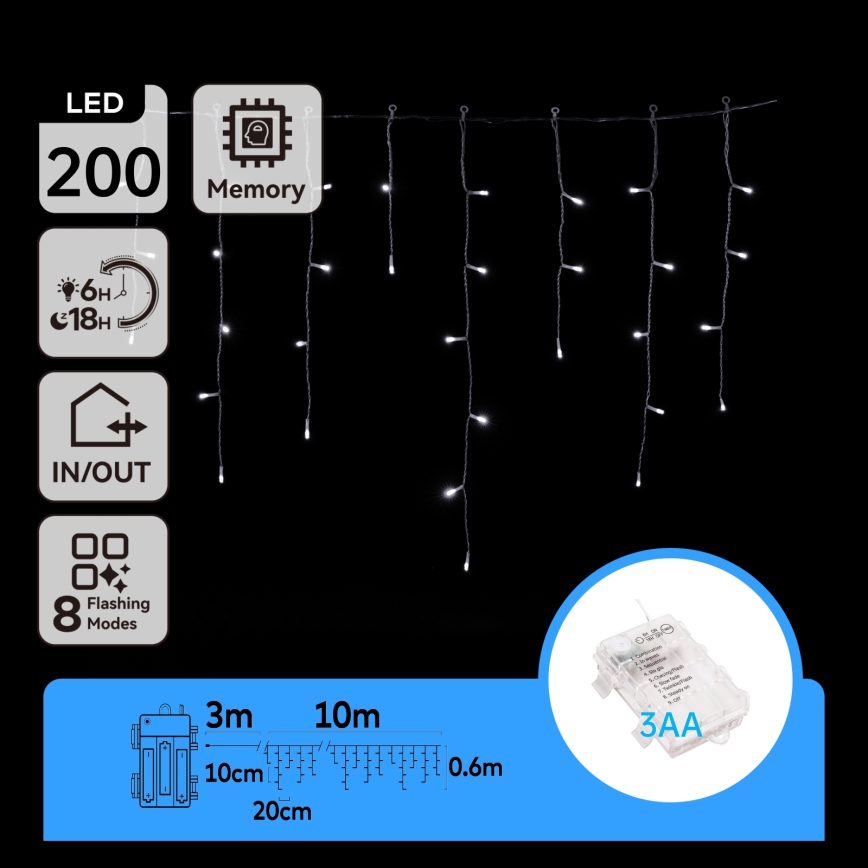 Aigostar - Cadeia de luzes de Natal LED para exterior 200xLED/8 funções 3xAA 13x0,6m IP44 branco frio