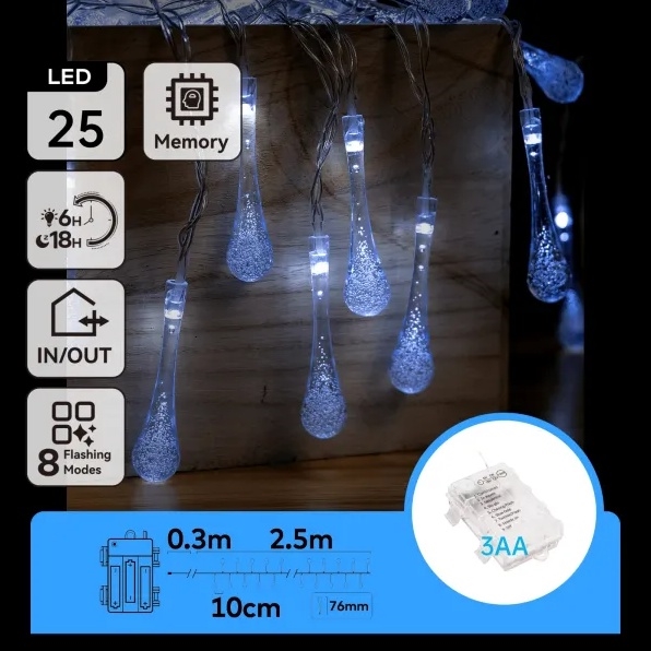 Aigostar - Luzes de Natal LED para exterior 25 LEDs/8 funções 3x AA 2,5 m IP44 branco frio gotas