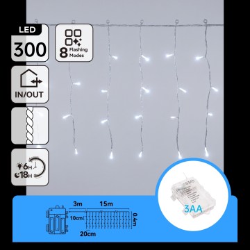Aigostar - Luzes de Natal LED para exterior 300xLED/8 funções 3xAA 18x0,4m IP44 luz branca fria