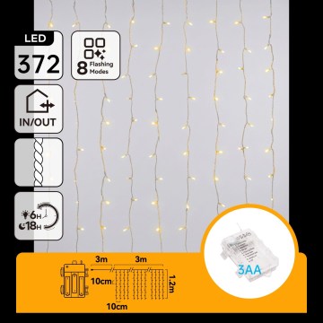 Aigostar - Luzes de Natal LED para exterior 372xLED/8 funções 3xAA 6x1,2m IP44 branco quente