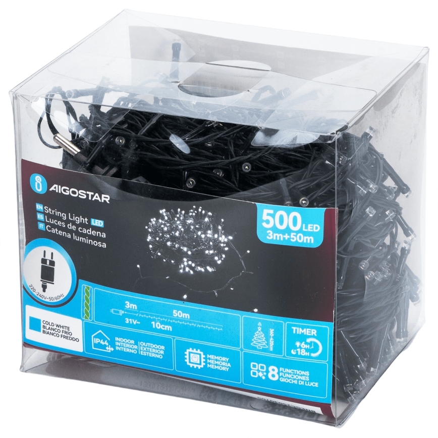 Aigostar - Guirlanda luminosa LED para exterior, 500 LEDs, 8 funções, 50 m, IP44, branco frio