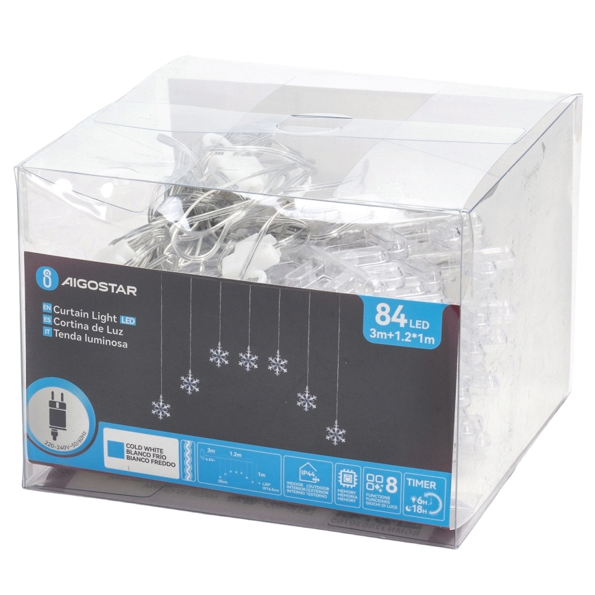 Aigostar - Cordão de luzes de Natal LED para exterior 84xLED/8 funções 1,2x1m IP44 branco frio com flocos de neve