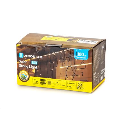 Aigostar - Luzes de Natal LED solares 100xLED/8 funções 8x0,6m 800 mAh IP65 branco quente