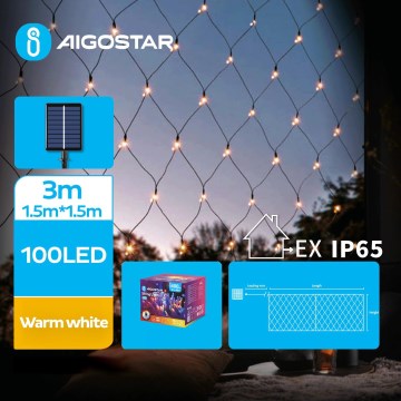 Aigostar - Luzes de Natal LED	solares 100xLED/8 funções 4,5x1,5m IP65 branco quente 800 mAh