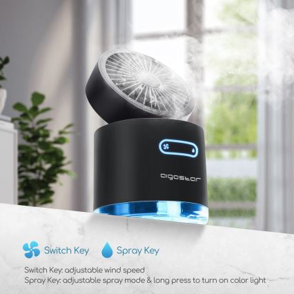 Aigostar - Mini ventoinha de mesa sem fios RGB com efeito de névoa MIST 10W/5V 2000mAh preto