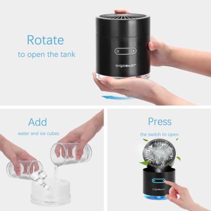 Aigostar - Mini ventoinha de mesa sem fios RGB com efeito de névoa MIST 10W/5V 2000mAh preto