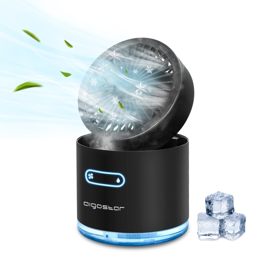 Aigostar - Mini ventoinha de mesa sem fios RGB com efeito de névoa MIST 10W/5V 2000mAh preto