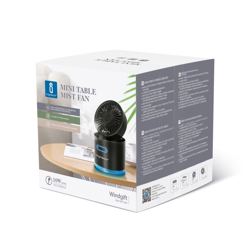 Aigostar - Mini ventoinha de mesa sem fios RGB com efeito de névoa MIST 10W/5V 2000mAh preto