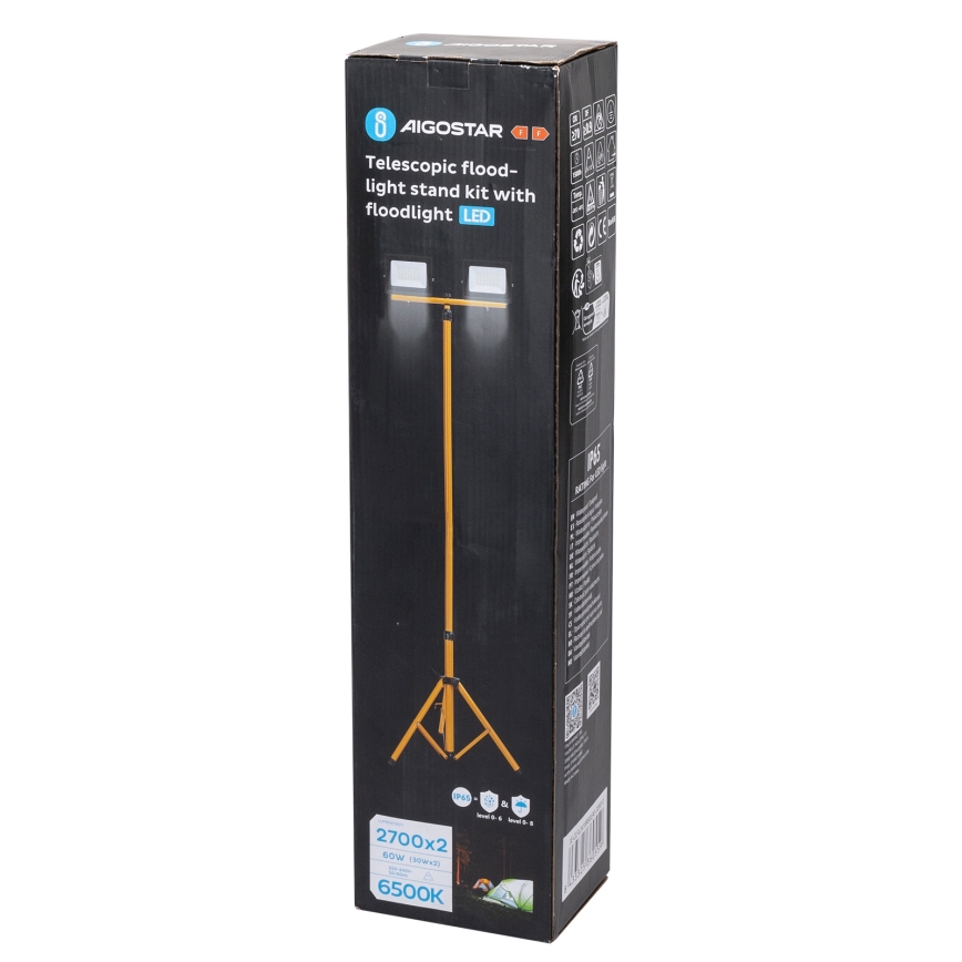 Aigostar - Refletor LED com tripé 2xLED/30W/230V 6500K IP65 laranja/preto