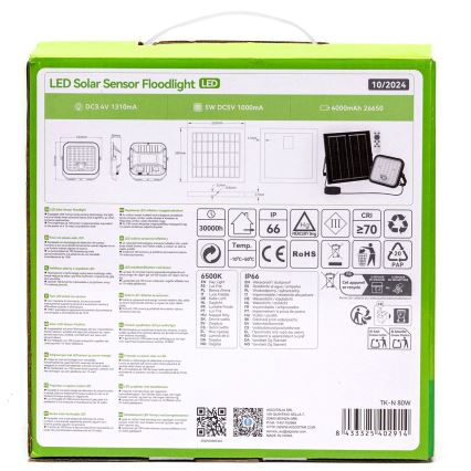 Aigostar - Projetor solar LED regulável com sensor LED/80W/3,4V 6500K IP66 4000 mAh + controlo remoto