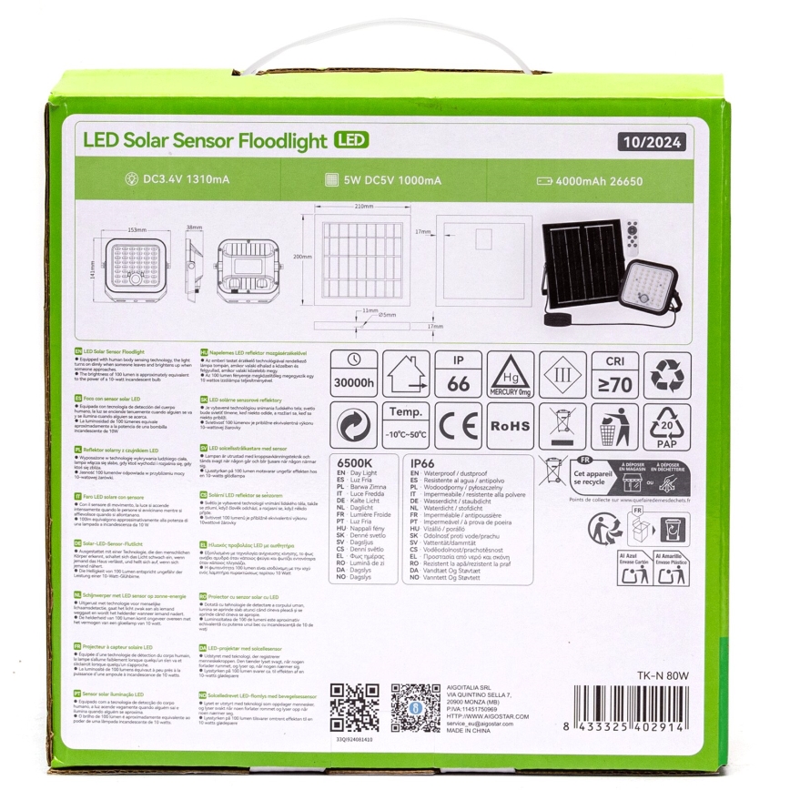 Aigostar - Projetor solar LED regulável com sensor LED/80W/3,4V 6500K IP66 4000 mAh + controlo remoto
