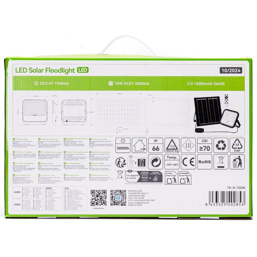 Aigostar - Refletor solar LED regulável LED/150W/3,4V 3000/4000/6500K IP66 12000 mAh + controlo remoto