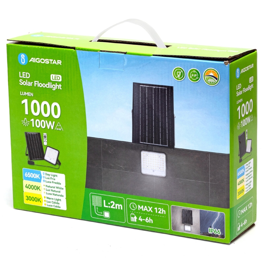 Aigostar - Refletor solar LED regulável LED/100W/3,4V 3000/4000/6500K IP66 8000 mAh + controlo remoto