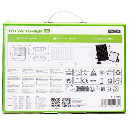 Aigostar - Refletor solar LED regulável LED/100W/3,4V 3000/4000/6500K IP66 8000 mAh + controlo remoto