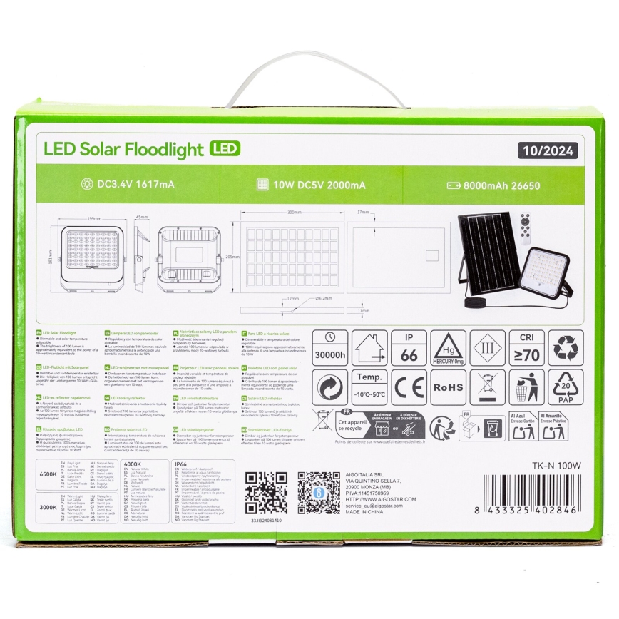 Aigostar - Refletor solar LED regulável LED/100W/3,4V 3000/4000/6500K IP66 8000 mAh + controlo remoto