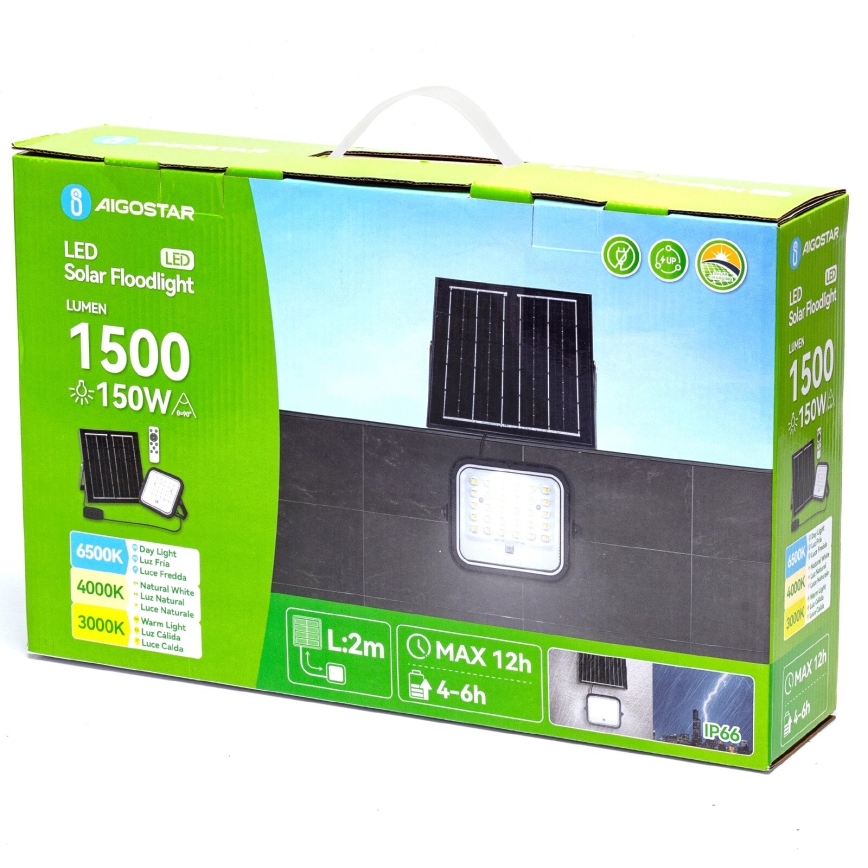 Aigostar - Refletor solar LED regulável LED/150W/3,4V 3000/4000/6500K IP66 12000 mAh + comando à distância
