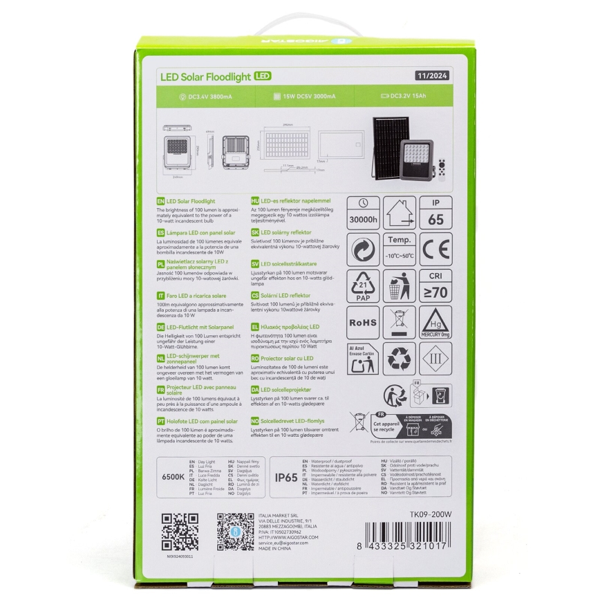 Aigostar - Refletor solar LED regulável LED/200W/3,4V IP65 15000 mAh + controlo remoto