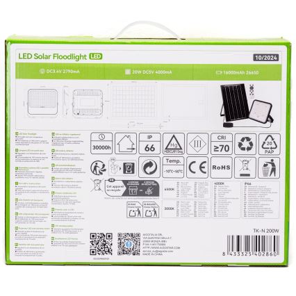 Aigostar - Refletor solar LED regulável LED/200W/3,4V 3000/4000/6500K IP66 16000 mAh + controlo remoto